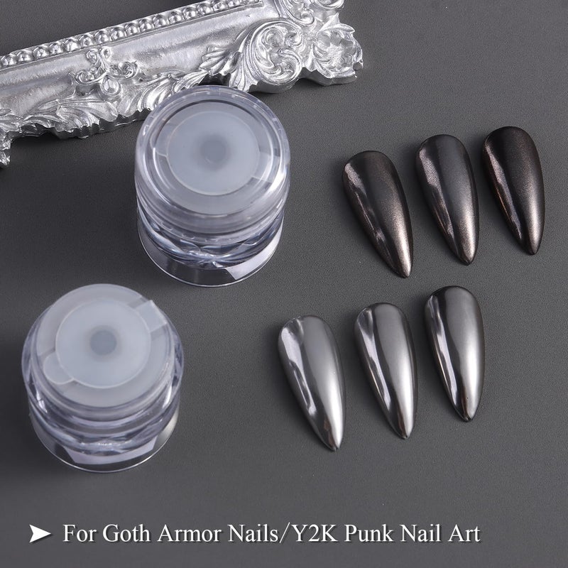 furtherpretty Black Silver Bronze Chrome Nail Powder Set, Gunmetal Chrome Pigments for Goth Armor Nails, Metallic Mirror Effect Nail Powder for Y2K Punk Nail Art & Manicure Decoration Accessories - Image 3